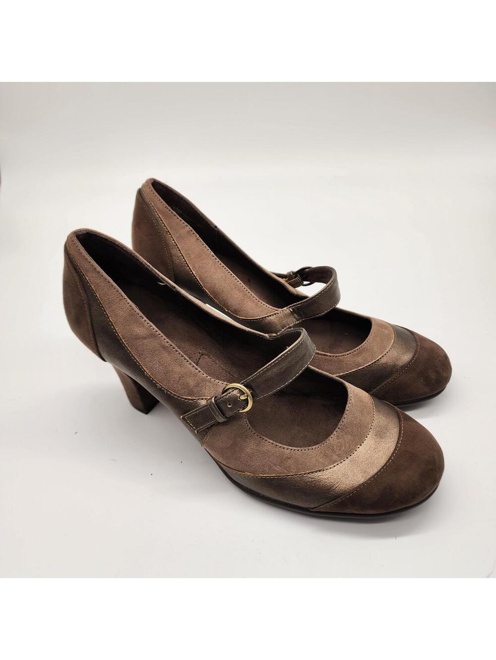 Areosoles A2 brown, tan, gold Mary Jane style heels 3-inch heel buckled strap 10